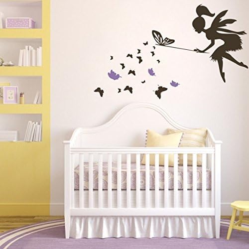 Butterfly Fairy Vinyl Wall Decal Cute Baby Nursery Stciker Bedroom Wall Art (X-Large,Fairy and 0ther Butterflies- Dark Brown;Three butterfilies-Hydrangea Purple)