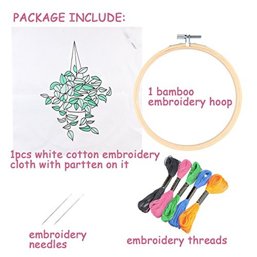 Unime Full Range of Embroidery Starter Kit with Partten, Cross Stitch Kit Including Embroidery Cloth with Color Pattern, Bamboo Embroidery Hoop, Color Threads, and Tools Kit (Scindapsus)