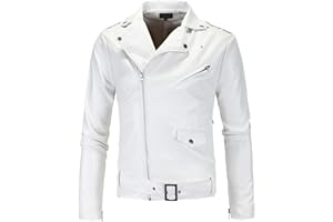 Maiyifu-GJ Leather Motorcycle Jackets for Men Faux PU Leather Lapel Moto Jacket Vintage Asymmetric Zip Up Belt Biker Coat