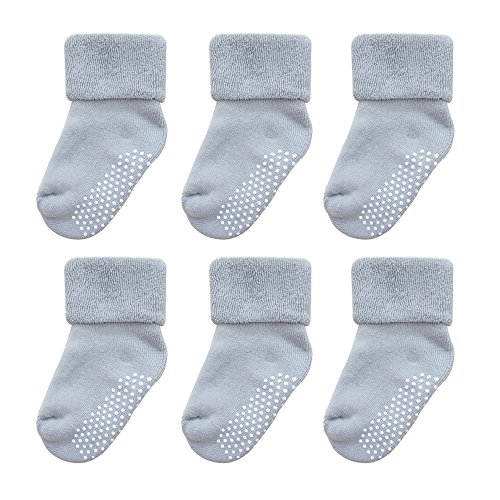 VWU Baby Socks with Grips Thick Cotton Socks for Toddler Infant Baby Girl Baby Boy 0-3 Years Old 5 Color (3-12 months, Grey(6-pack))