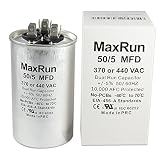 MAXRUN 50+5 MFD uf 370 or 440 Volt VAC Round Motor Dual Run Capacitor for AC Air Conditioner Condenser - 50/5 uf MFD 440V Straight Cool or Heat Pump - Will Run AC Motor and Fan - 5 Year Warranty