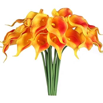 JUSTOYOU 20pcs Artificial Calla Lily Real Touch Latex Flower for Bride Wedding Home Decor(Orange)