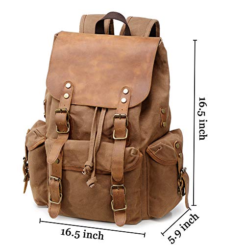 Kemy's Mens Waxed Canvas Backpack Leather Rucksack for Men Wax Leather Backpacks Travel Vintage Bookbag with Laptop Compartment Rustic Large Waterproof Brown Easter Gifts - Thumbnail 3