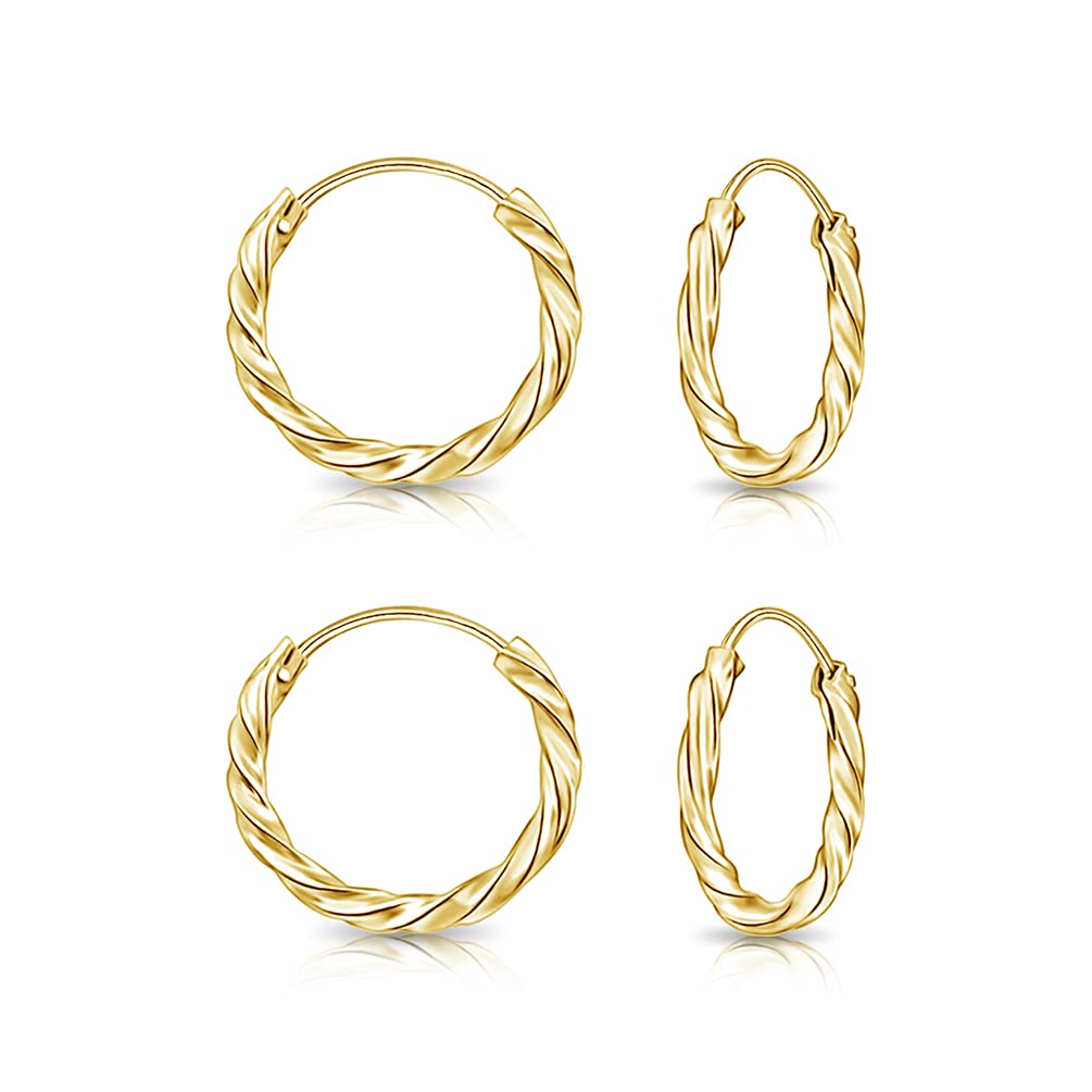 DTPsilver - Set of 2 PAIRS of TINY 925 Sterling Silver Yellow Gold Plated Twisted Hoops/Sleepers Earrings - Thickness 1.8 mm - Diameter 12 mm — image 1
