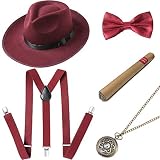 BABEYOND 1920s Mens Gatsby Costume Accessories Set Includes Panama Hat Elastic Y-Back Suspender Pre Tied Bow Tie Pocket Watch and Plastic Cigar (Set-1)