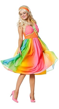 Karneval-Klamotten 70er Jahre Damen-Kostüm Hippie Kostüm-e Damen Kostüm Regenbogen Disco-Kleid Größe 40