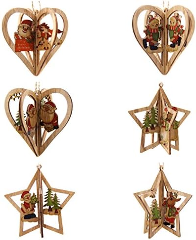 3Sets 3D Creative Christmas Wooden Pendants Ornaments Diy Star&Heart Christmas Party Decorations Xmas Tree Ornaments Kids Gift Mix Style