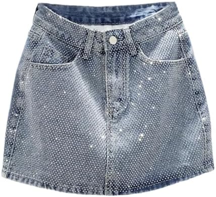 Women's Rhinestone Denim Mini Skirts Diamonds High Waist Jean A