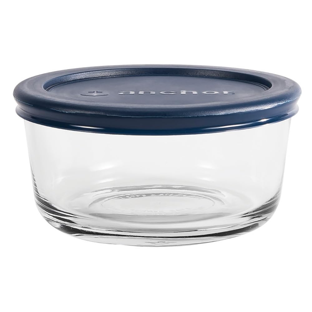 Photo 1 of (used/fair) Anchor Hocking 4 Cups Glass Storage Containers with Lids, Set of 4 Glass Food Storage Containers with Navy SnugFit Lids