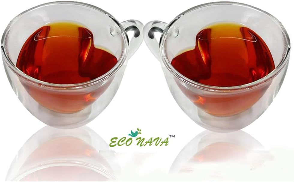 Tea Set of 2 Pack Creative Heart Cup Shape Design Double-Layer Transparent Double Wall Drinking Glass Cup Mug 7 OZ, 180 ML for Coffee, Tea