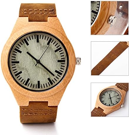 Original Factory Handmade Bamboo Wooden Watch Genuine Leather Strap Band Japanese Quartz Round Shape Watches