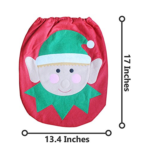 Festive Christmas Bathroom Decoration Set, 3-Piece Plush Snowman and Santa Toilet Seat Cover and Rug Set with Tank Tissue Box Cover For Holiday Bathroom Ornament (Santa Elf)
