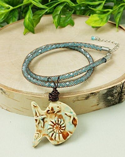 Swimming in the Ocean Sea Life Carved Fish Ceramic Pendant Wire Wrapped on an Adjustable Crystal Mesh Necklace
