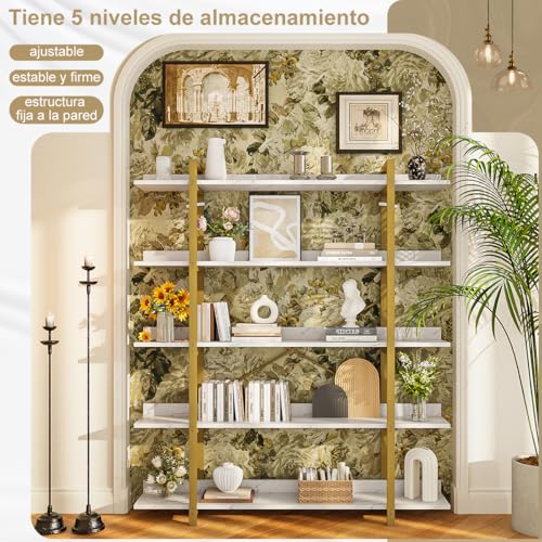 SIMPLE ESPACIO Librero 5 Nivele,Librero Organizador,para Sala/Estudio/Cocina,Estilo Contemporáneo,Estructura Madera y Metal, Tamaño: 170 * 120 * 24 CM, Cada Capa Puede soportar 15 KG. (Mármol+Blanco)