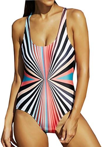 Women One Piece Colorful Stripe Backless Bikini Monokini Swimsuit (US 8-10, Red)