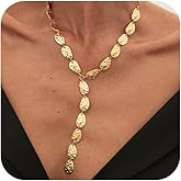 Douxsu Statement Long Gold Hammered Tear Drop Y Shaped Necklace for Women, Trendy Unique Irregular Silver Teardrop Tassel Necklaces Vintage Party Jewelry Gift