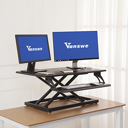 Height Adjustable Standing Desk, 32" Sit to Stand Gas Spring Riser Tabletop Workstation, Fits Dual Monitor with Keyboard Tray by Vanswe (black)