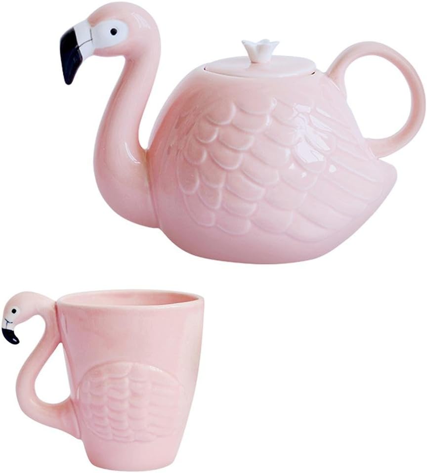 JointVictory 34 oz Teapot and 15 oz Coffee Mug - Unique Flamingos Style Milk Coffee Tea Cup Ceramic Porcelain Kettle - Microwave and Dishwasher Safe (1 Teapot + 1 Mug)
