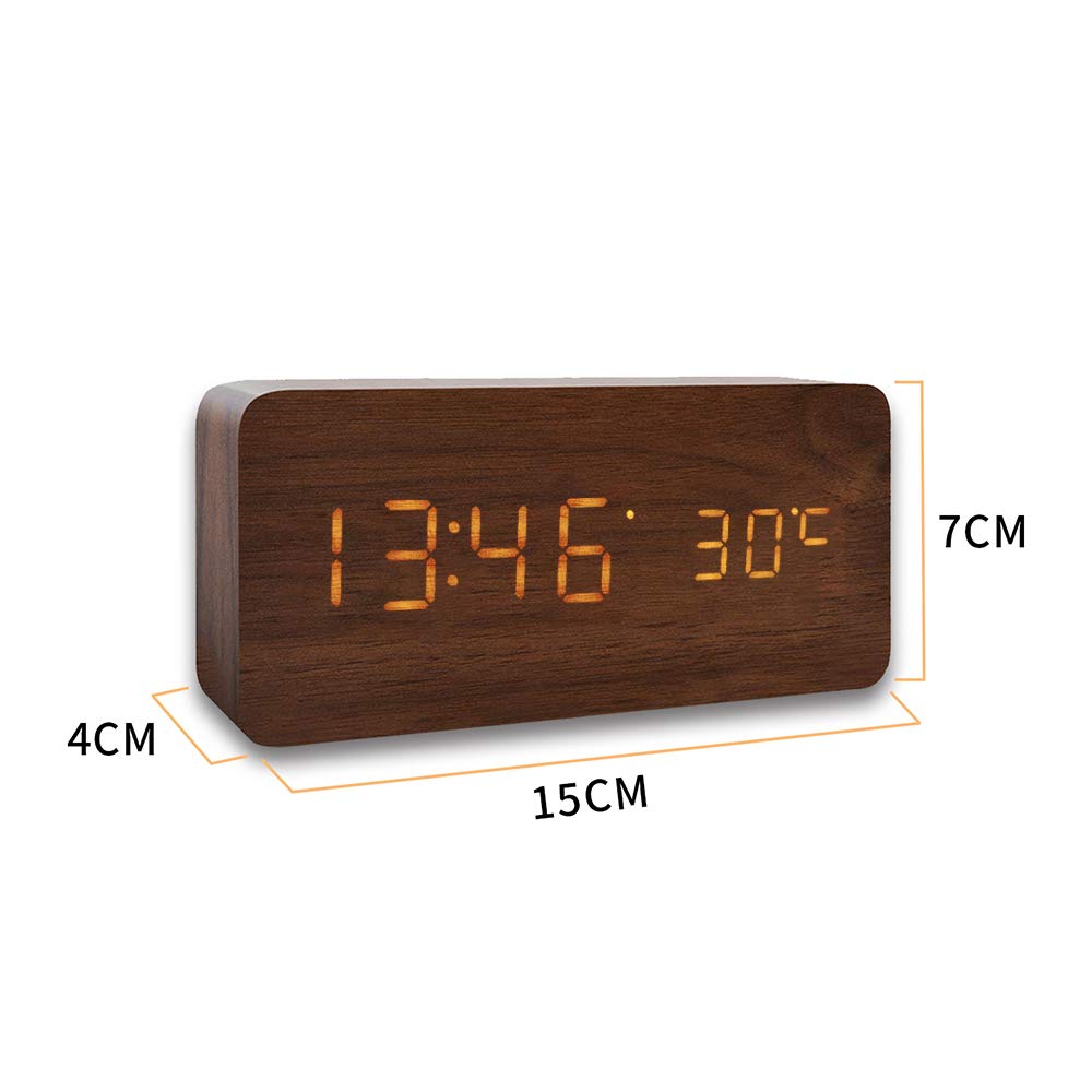 Digital Alarm Clock, LED Clocks with Display Temperature, 3 Alarm Settings, 3 Adjustable Brightness, Sound Control, Wood Alarm Clocks for Bedrooms, Brown