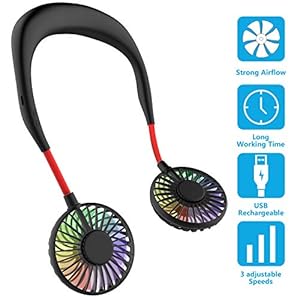 Portable-Neck-Fan-Handsfree-Mini-USB-Neck-Fan-Rechargeable-Wearable-Neckband-Fan-Desk-Fan-Necklace-Fan-with-Dual-Wind-Head-3-Speeds-LED-Light-for-Traveling-Sport-Outdoor-Camping-Office-Black Portable Neck Fan, Handsfree Mini USB Neck Fan Rechargeable Wearable Neckband Fan, Desk Fan, Necklace Fan with Dual Wind…