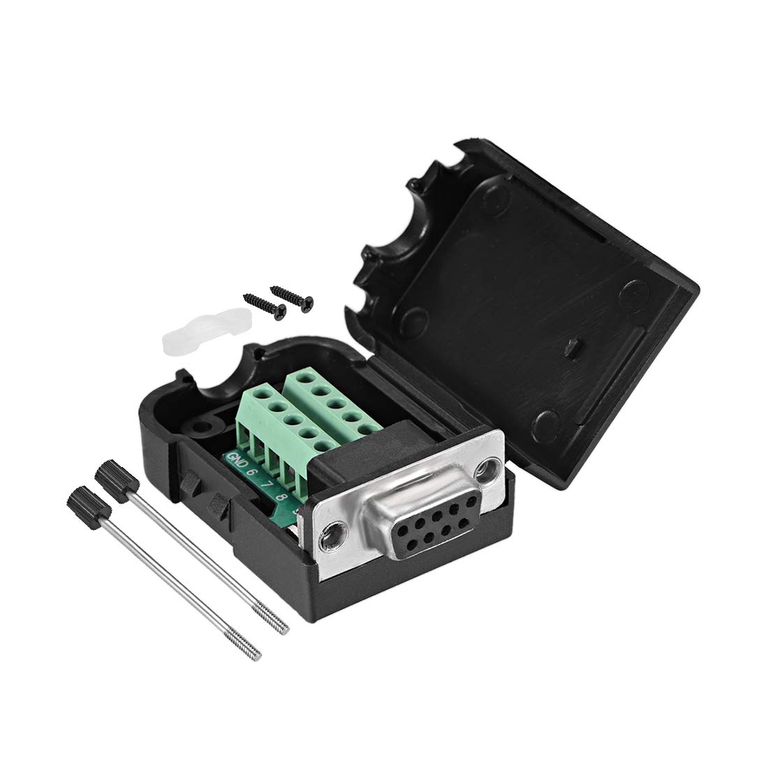 sourcing map D-sub DB9 Breakout Board Connector with Case 9 Pin 2 Row Female RS232 Serial Port Solderless Terminal Block Adapter with Thumb Screws