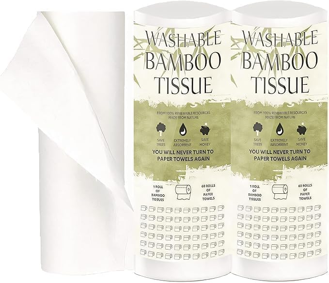 TANNESS 2-Pack Bamboo Kitchen Roll – Reusable Paper Towels and Towel Alternative - Washable Kitchen Rolls Paper for Household, Travel, and Camping