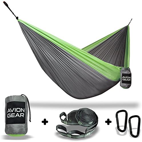 Avion Gear Double / Single Camping Hammock & Tree Strap Set - Portable, Comfortable & Lightweight Nylon Parachute Hammock for Outdoor Travel & Backpacking Complete Kit (Green)