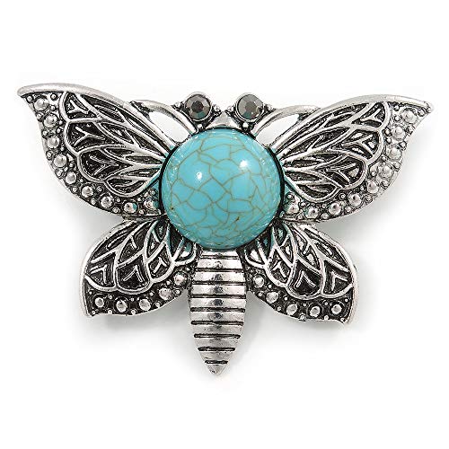 Broche Vintage Avec Pierres Turquoises - Bijou Ancien Fantaisie - Occasion