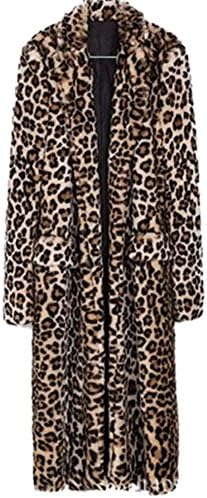 COLINNA Women's Sexy Elegant Vintage Leopard Print Lapel Faux Fur Long Maxi Pea Coat Jacket
