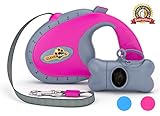 Durable 16ft Retractable Dog Leash +BONUS: Waste Bags Holder - Great for Small and Medium Dogs up to 44 pounds, Rubberized Soft Touch Handle, Pink.