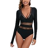 LafyKoly Women's One Piece Long Sleeve Rash Guard UV Protection Printed Surfing Swimsuit Swimwear Bathing Suit
