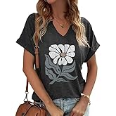 PUCKOLITY Vintage Flowers V Neck Shirt for Women Boho Floral Wildflowers Graphic Tee Casual Cottagecore Summer T Shirt