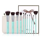 DUcare Wooden Handle Makeup Brush Set with  Roll Cases for Girls, Mint Green (11 Pieces)