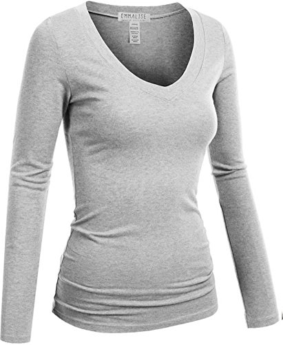 Emmalise Women's Casual Basic V-Neck Tshirt Long Sleeves Tee Top - H Gray, M
