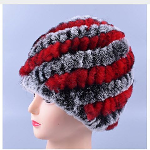 New Design Genuine Rex Fur Pom poms Snow Cap Winter Hats for Girls Skull Cap Real Fur Knitting Rabbit Skullies Beanies Women Hats (Grey Red)