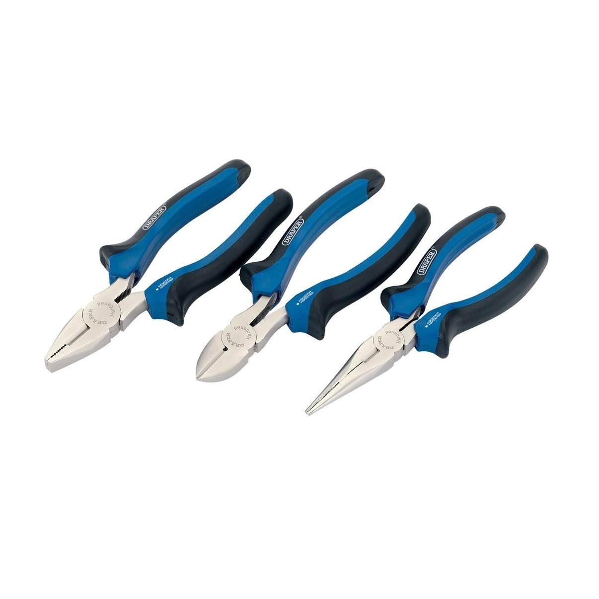 Draper 3 Piece 160mm Plier Set | Soft Grip Hand Tools Kit | Carbon Steel Long Nose Pliers | Combination & Diagonal Side Cutters | Hardened Jaws & Cutting Edges | 45864