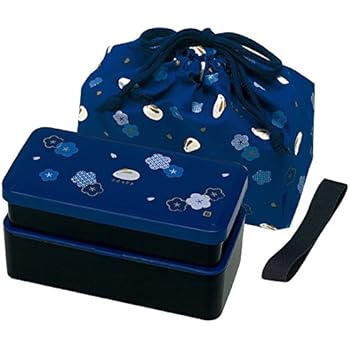 Japanese Traditional Rabbit Blossom Bento Box Set - Square 2 Tier Bento Box, Rice Ball Press, Bento Bag (Blue)