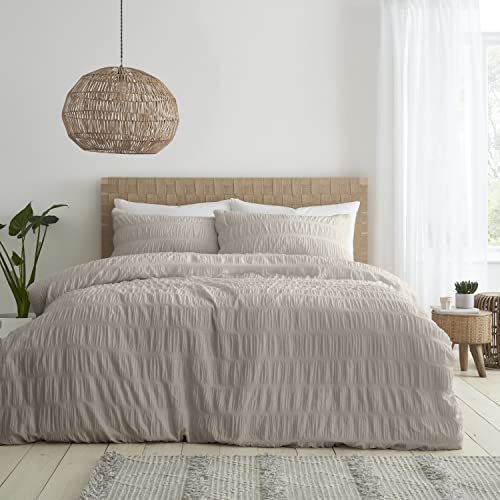 Catherine Lansfield Bedding Seersucker Super King Duvet Cover Set with Pillowcases Natural