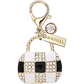 MONNEL MC426 Crystal 3D Lady Handbag Lobster Clasp Charm for Women with Velvet Bag (White Black,1 Piece