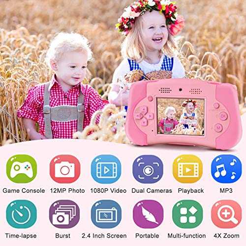 PROGRACE Kids Camera Toddler Girls Toy Gifts Handheld Game Consoles for 4-12 Year Old Children Camera for Kids Support 4000+ Games Music Selfie Kids Digital Video Camera 12M(Pink)