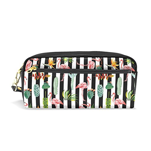 Naanle Tropical Flamingo Green Leaves Flowers Cactus Stripe PU Leather Zipped Makeup Jewellery Bag for Woman Girl Travel Holder Phones Electronics Storage Nail Polish Organizer (Multi#14)