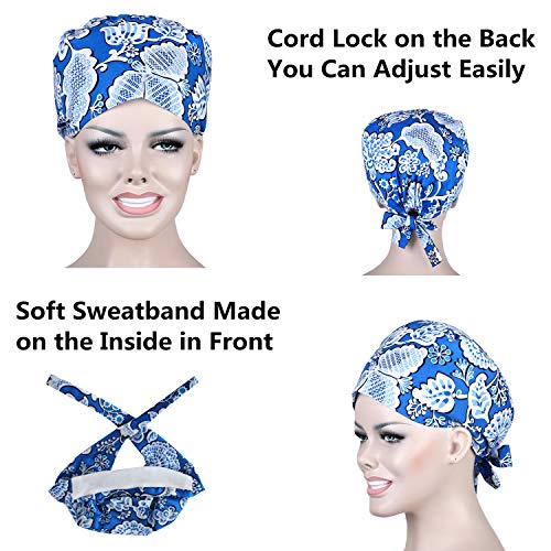 JoyRing 4 Pack Unisex Adjustable Surgical Hat Scrub Cap with Sweatband for Ponytail and Free Reusable Cotton Mask, One Size Fit Most