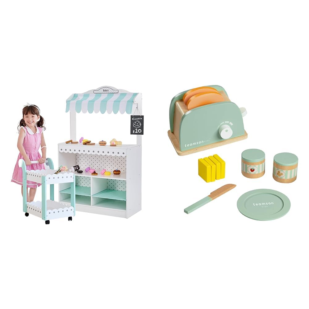 Teamson Kids 2-in-1 Wooden Dessert Cart & Kitchen Toaster Playset, Pretend Grocery Market Stand with 18 Dessert Accessories + 11-Piece Breakfast Food Toy Set – Roleplay for Toddlers Ages 3+ Image