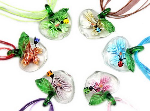 Murano Apple Shaped 3D Flower Glass Pendant Necklace 6PC Mix Color Set