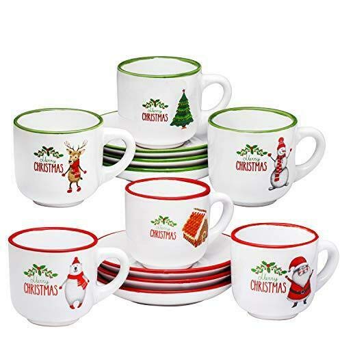 Espresso Cups And Saucers Set of 6 Christmas Theme Coffee Cups 4 Ounce
