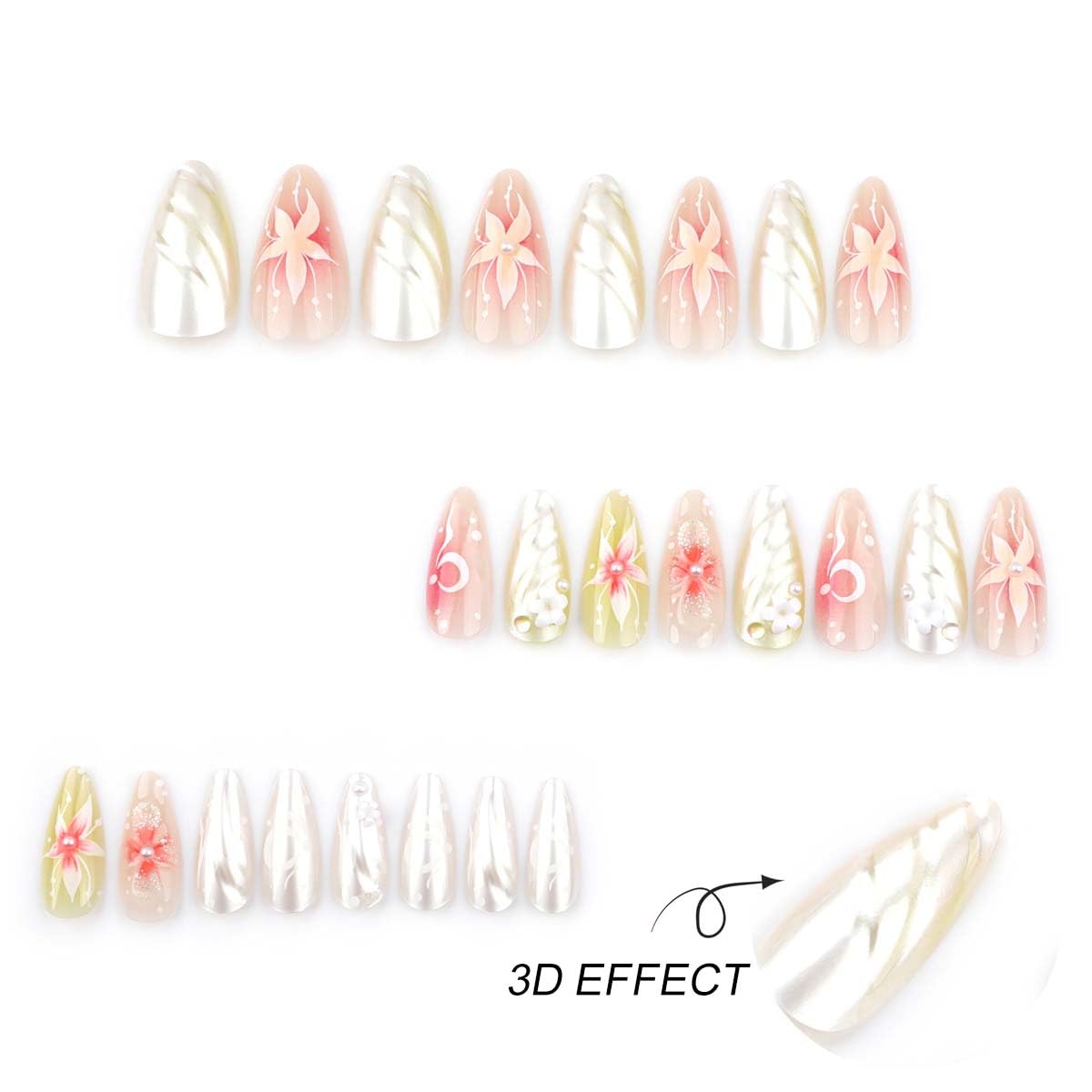 Flower Press on Nails Medium Almond Fake Nails Spring Summer Nails Press ons with Floral Designs Cute False Nails Pink Acrylic Nails Full Cover Glossy Stick on Nails for Women Manicure 24Pcs - Image 4