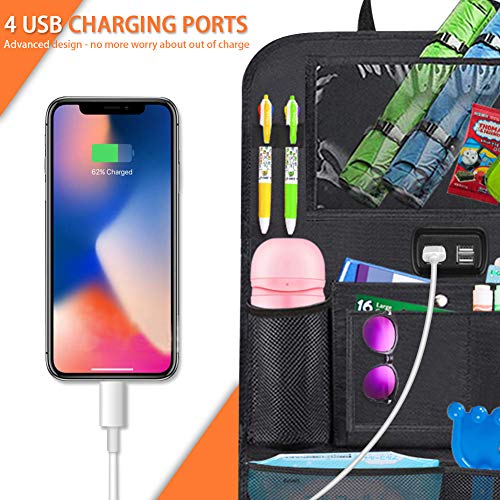 Backseat Car Organizer with 4 USB Charging Port, 11'' Touch Screen Tablet Holder, Seat Back Protectors Kick Mats for Toy Bottle Book Drink, Universal Fit Travel Accessories for Kid & Toddlers (2 Pack)