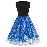 Dearpriass Ladies Christmas Slim V-Neck Snowflake Print Sleeveless Vintage Skirt Dress Blue
