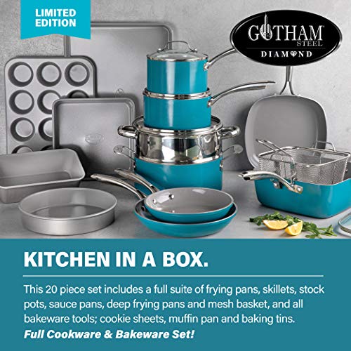 Gotham Steel Aqua Blue 20 Piece Pots & Pans Set, Nonstick Ceramic Cookware Set + Bakeware Set