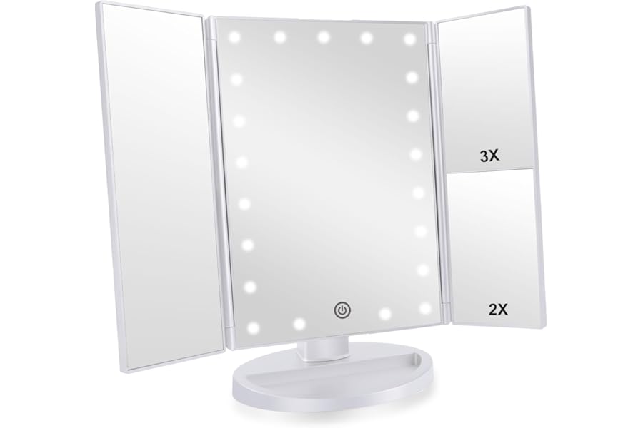 Infitrans Trifold Makeup Mirror Vanity Mirror with Lights,1X 2X 3X Magnification,Touch Screen,180 Adjustable Rotation,Portable Travel Bathroom Cosmetic Mirror